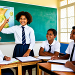 A diverse group of teenage international students and local Fijian students, fully clothed in modest school uniforms, actively engaged in a bright, modern classroom. Some students are collaborating on a project, while others are interacting with a professional teacher pointing to a map of Fiji or a display of Fijian cultural art. The classroom is well-lit with large windows, incorporating subtle Fijian cultural motifs in the decor. Modern educational tools like whiteboards or interactive displays are visible. Professional photography, high resolution, soft natural lighting, realistic rendering, perfect anatomy, correct proportions, natural poses, well-formed hands, proper finger count, natural body proportions. safe for work, appropriate content, fully clothed, professional, family-friendly.