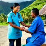 **

"A rural Fijian health clinic on a remote island. A fully clothed nurse wearing modest scrubs attends to a patient. Safe for work, appropriate content, perfect anatomy, correct proportions, family-friendly, professional setting, clear and bright photography, natural pose, well-formed hands, proper finger count."

**