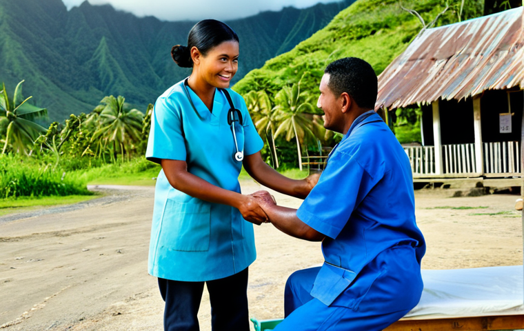 **
"A rural Fijian health clinic on a remote island. A fully clothed nurse wearing modest scrubs attends to a patient. Safe for work, appropriate content, perfect anatomy, correct proportions, family-friendly, professional setting, clear and bright photography, natural pose, well-formed hands, proper finger count."
**