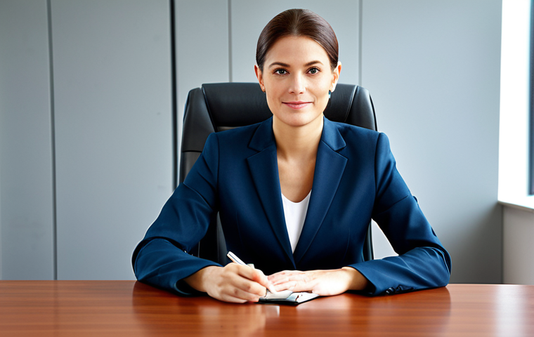 ** A professional businesswoman in a modest business suit, sitting at a desk in a modern office, fully clothed, appropriate attire, safe for work, perfect anatomy, natural proportions, professional photography, high quality.

**
