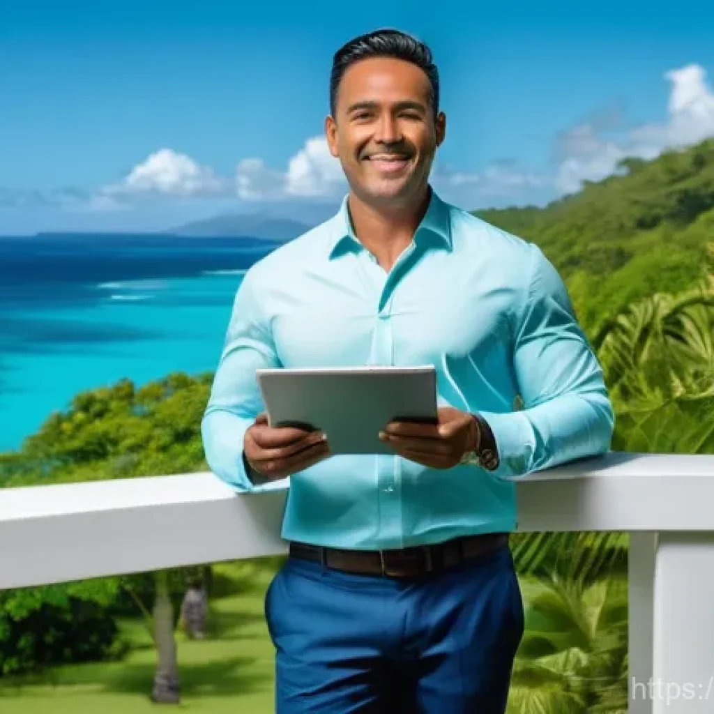 피지 부동산 투자 가이드 - **A confident, well-dressed investor (man or woman) in their late 30s to early 40s, standing on a mo...