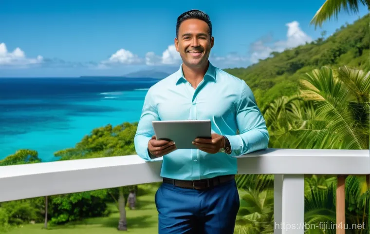 피지 부동산 투자 가이드 - **A confident, well-dressed investor (man or woman) in their late 30s to early 40s, standing on a mo...