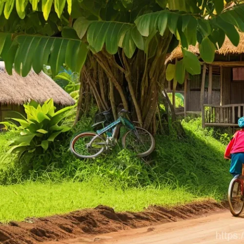 피지에서 자전거 여행하기 - **Prompt:** A vibrant scene in a traditional Fijian village, with a cyclist on a sturdy mountain bik...