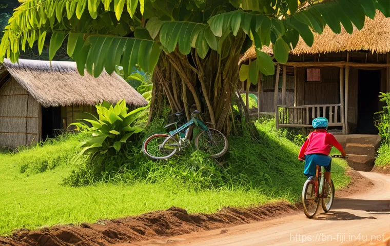 피지에서 자전거 여행하기 - **Prompt:** A vibrant scene in a traditional Fijian village, with a cyclist on a sturdy mountain bik...