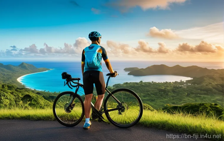피지에서 자전거 여행하기 - **Prompt:** A vibrant scene in a traditional Fijian village, with a cyclist on a sturdy mountain bik...