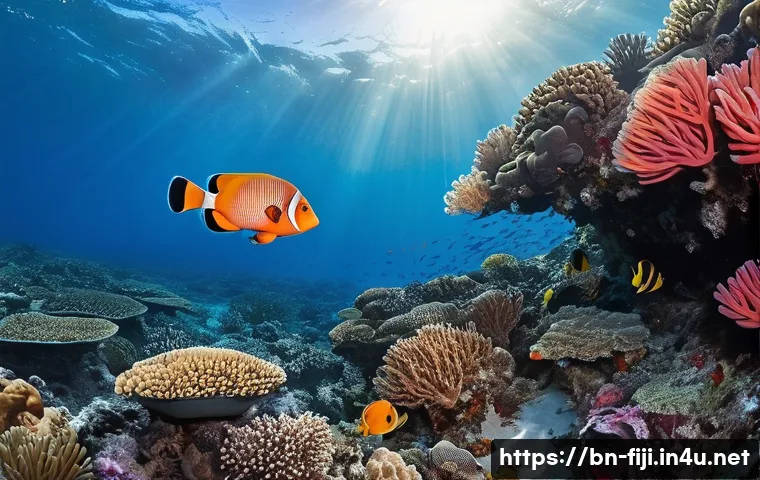 피지와 몰디브 비교 - **Vibrant Fijian Coral Reef Exploration:**
    A serene and immersive underwater scene in the pristi...