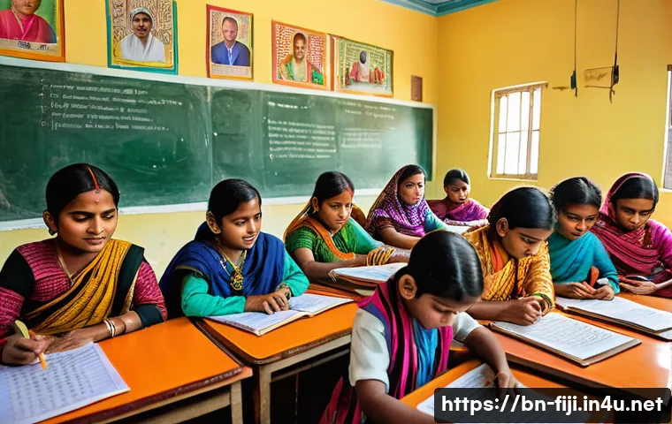 피지어 배우기 - A vibrant classroom scene in Bangladesh where diverse students of various ages are actively practici...