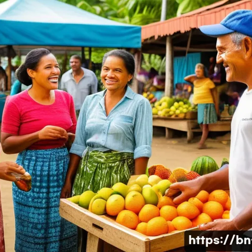피지의 언어 사용 - A vibrant rural Fijian village market scene showing diverse local people engaging in lively conversa...