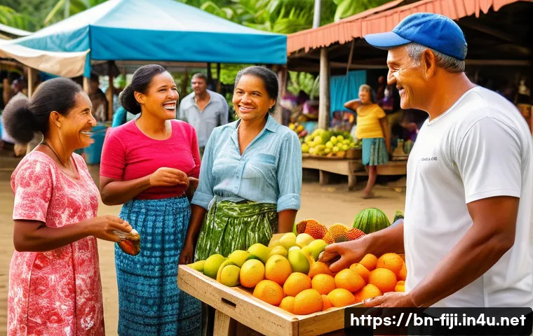 피지의 언어 사용 - A vibrant rural Fijian village market scene showing diverse local people engaging in lively conversa...