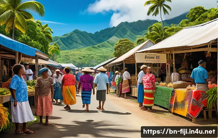 피지에서 안전한 여행법 - A vibrant Fijian village scene showing respectful tourists greeting local Fijian villagers dressed i...