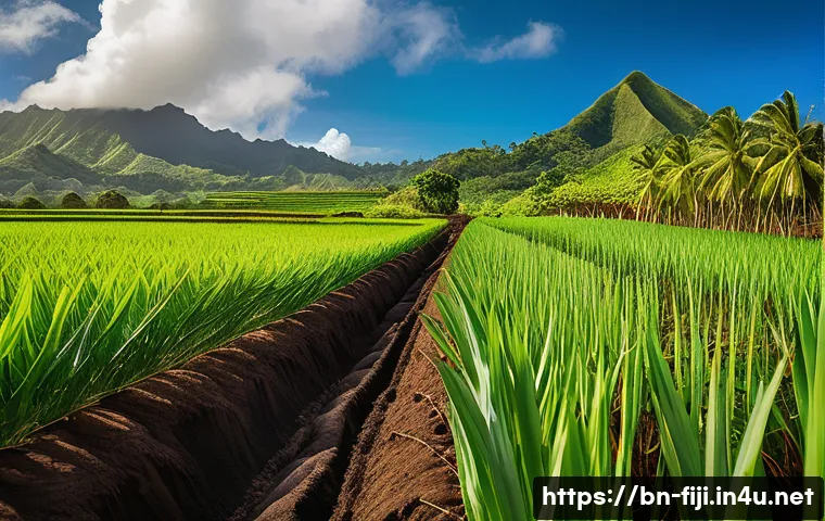 피지에서 농업과 수산업 - A vibrant agricultural landscape of Fiji showcasing fertile volcanic soil with lush green sugarcane ...