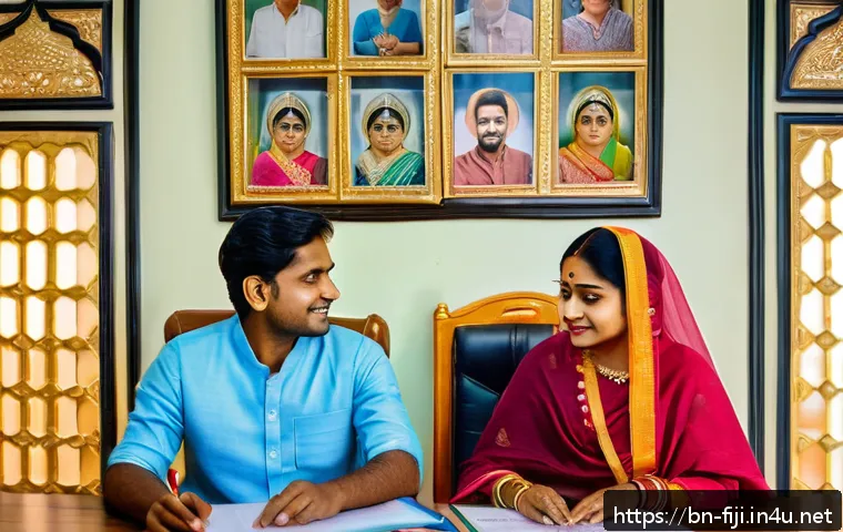 피지에서 결혼하는 법 - A detailed digital workspace scene showing a Bengali couple preparing for online marriage registrati...