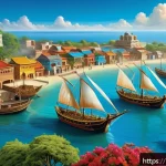 피지의 역사적 사건 - An ancient Pazi maritime trade scene depicting intricately crafted wooden ships with sails billowing...