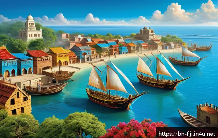 피지의 역사적 사건 - An ancient Pazi maritime trade scene depicting intricately crafted wooden ships with sails billowing...