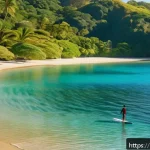 피지 서핑 명소 - A serene early morning scene at a Fijian beach with gentle, small waves ideal for beginner surfers, ...