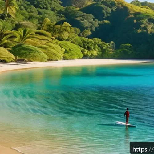 피지 서핑 명소 - A serene early morning scene at a Fijian beach with gentle, small waves ideal for beginner surfers, ...