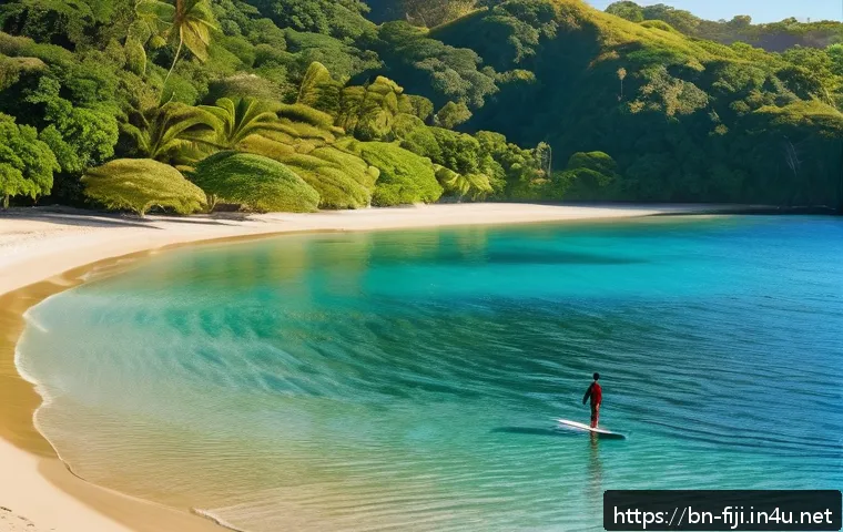 피지 서핑 명소 - A serene early morning scene at a Fijian beach with gentle, small waves ideal for beginner surfers, ...