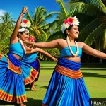 피지 전통 춤 메케 - A vibrant traditional Fijian Meke dance scene featuring dancers wearing colorful scarves and intrica...