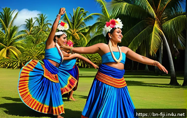 피지 전통 춤 메케 - A vibrant traditional Fijian Meke dance scene featuring dancers wearing colorful scarves and intrica...